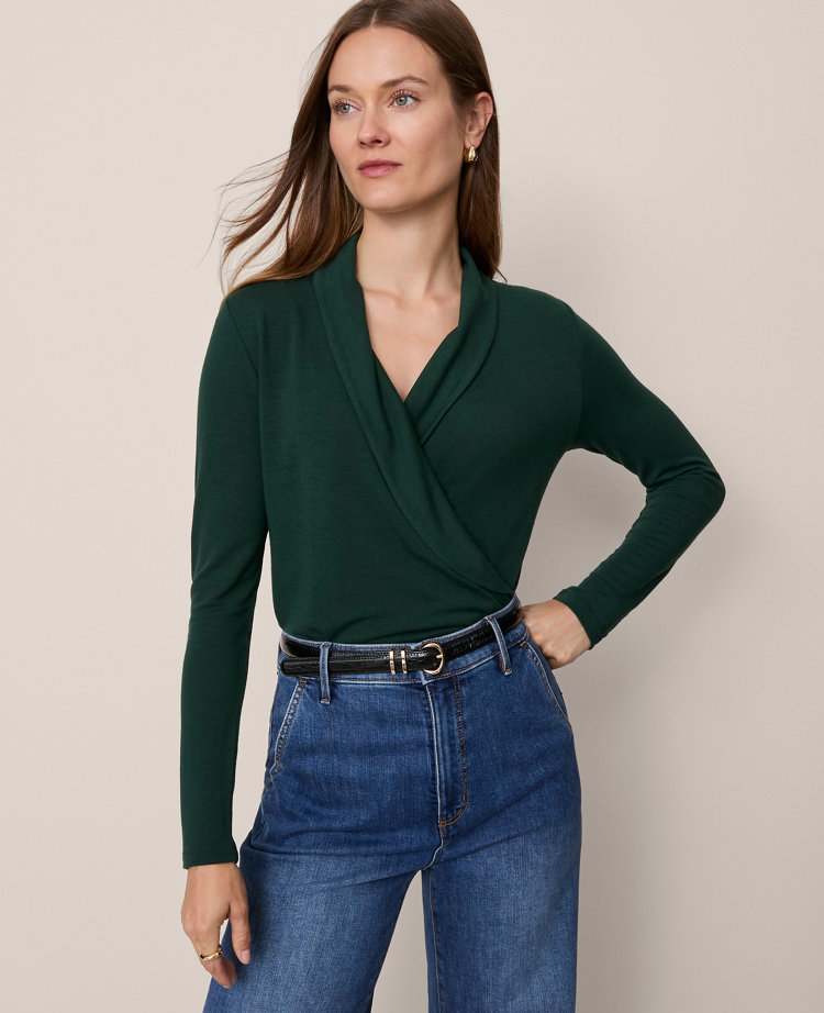 Ann Taylor Petite Shawl Collar Wrap Top In Green