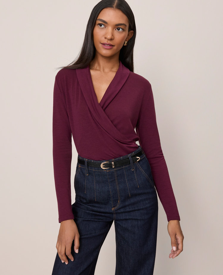 Ann Taylor Petite Shawl Collar Wrap Top In Purple
