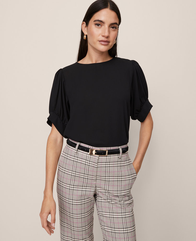 Ann Taylor Mixed Media Gathered Sleeve Top Black Women's