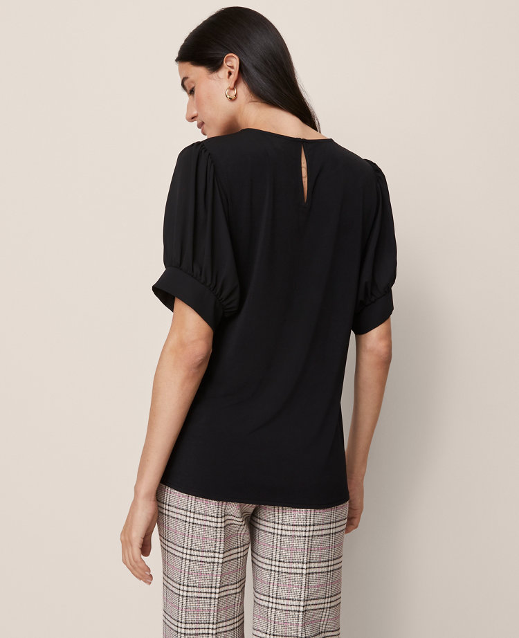 Ann Taylor Mixed Media Gathered Sleeve Top Black Women's