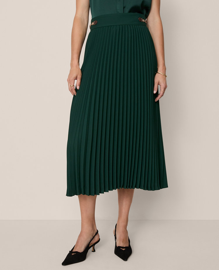Horsebit Pleated Midi Skirt