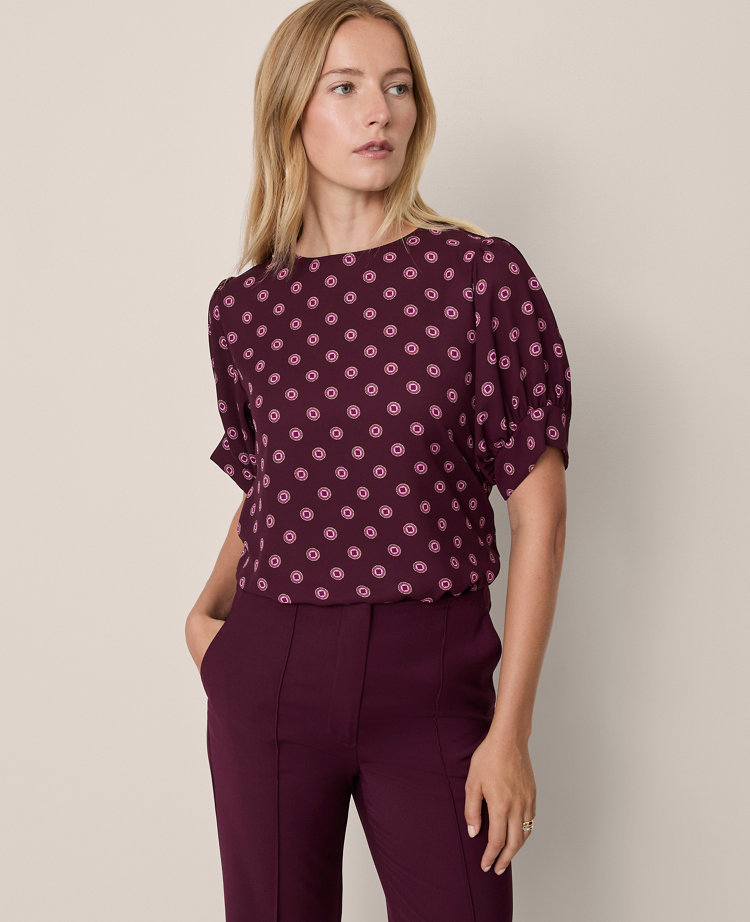 Ann Taylor Geo Mixed Media Gathered Sleeve Top Poised Plum Women's