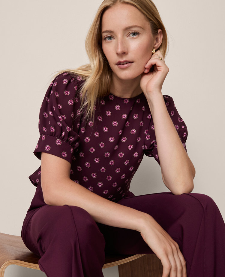 Ann Taylor Geo Mixed Media Gathered Sleeve Top Poised Plum Women's