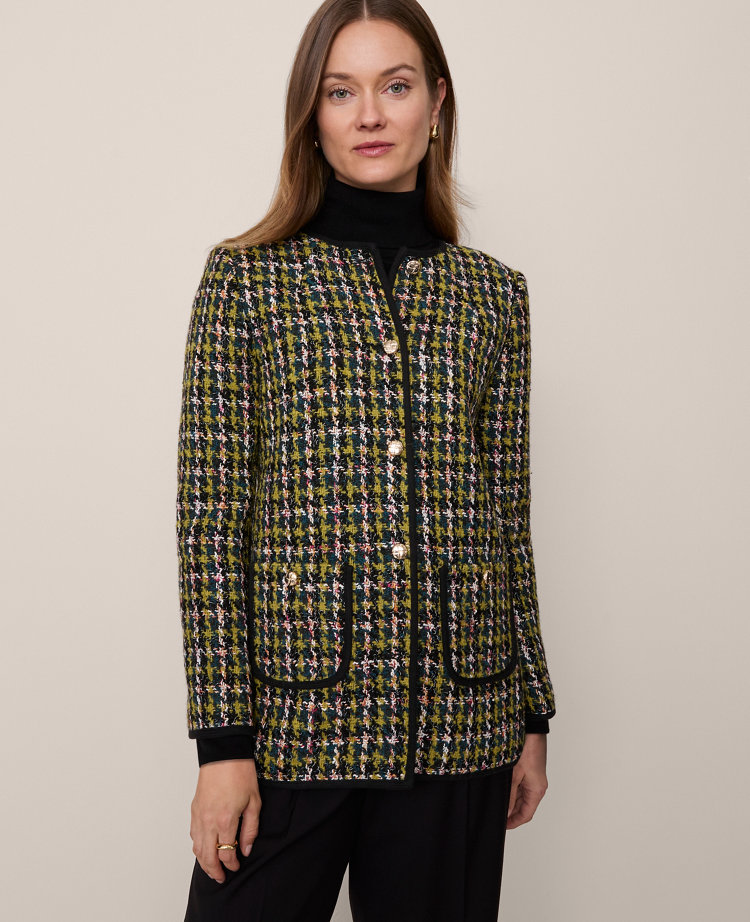 The Petite Long Crew Neck Jacket in Houndstooth Tweed