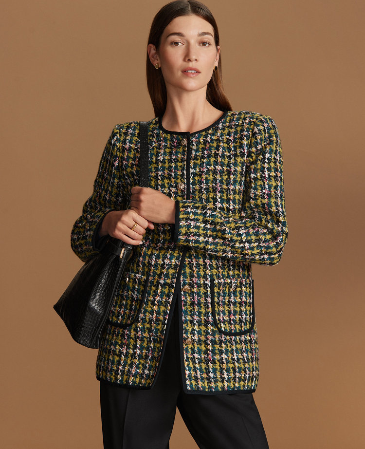 The Petite Long Crew Neck Jacket in Houndstooth Tweed