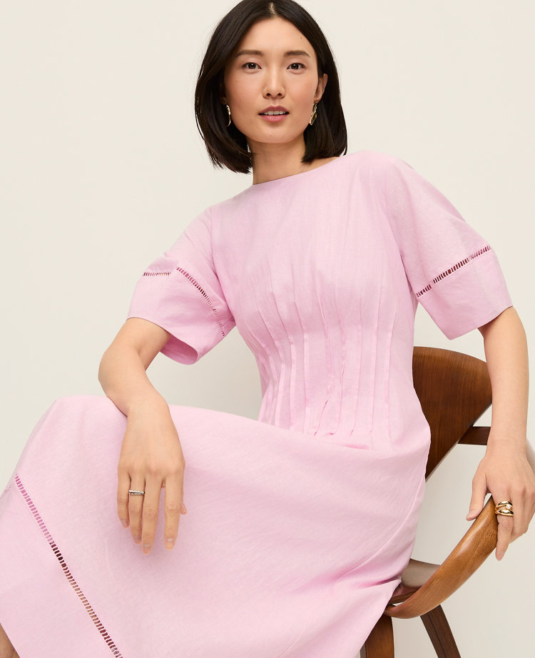 Pintuck Linen Blend Midi Dress