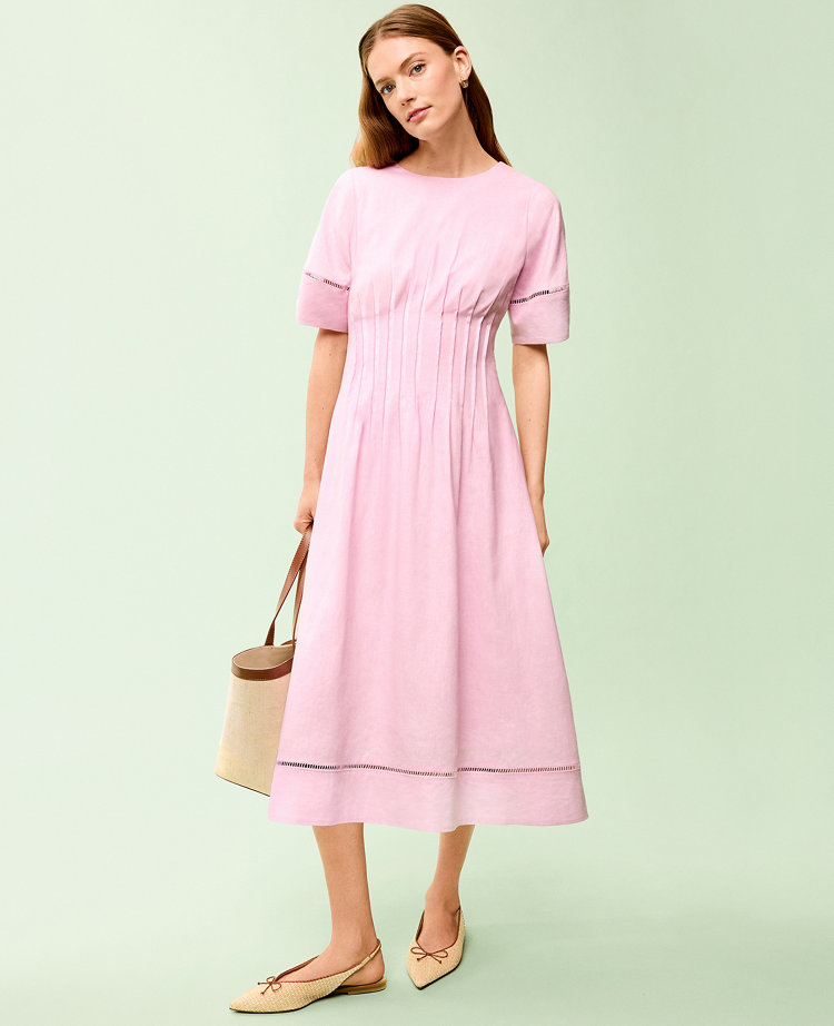 Pintuck Linen Blend Midi Dress