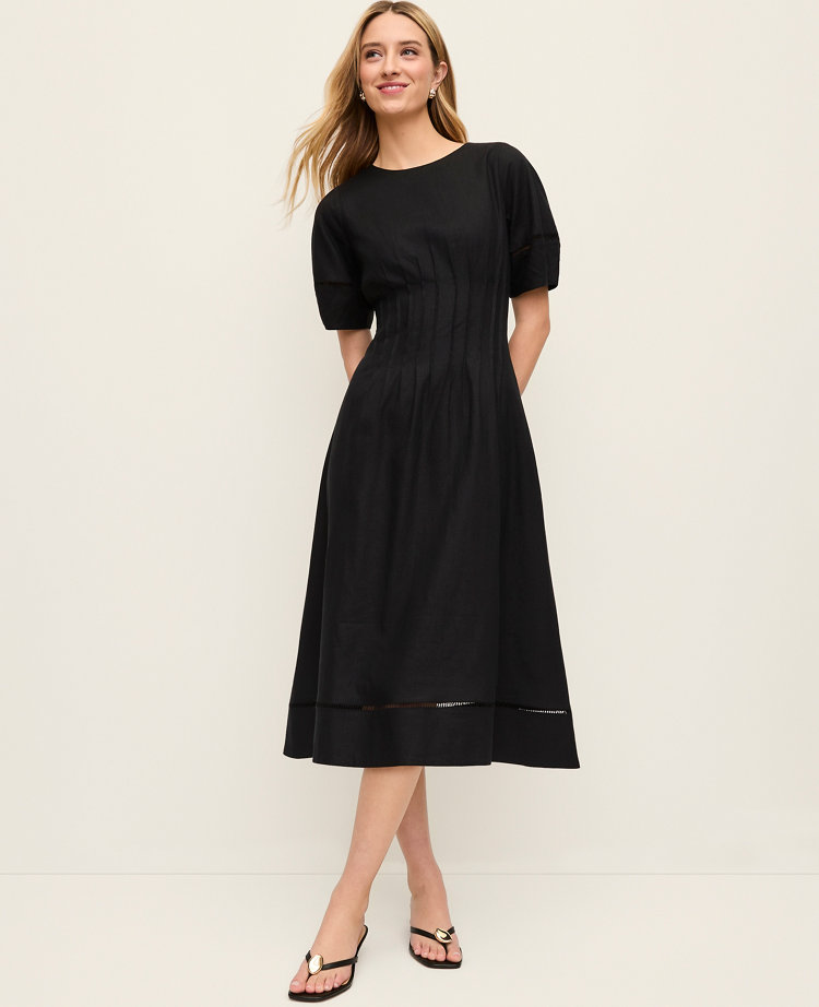 Pintuck Linen Blend Midi Dress