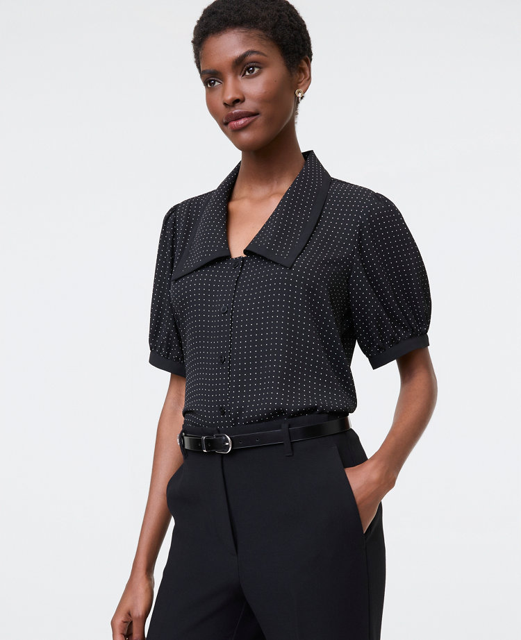 Ann Taylor Dotted Puff Sleeve Blouse Black Women's