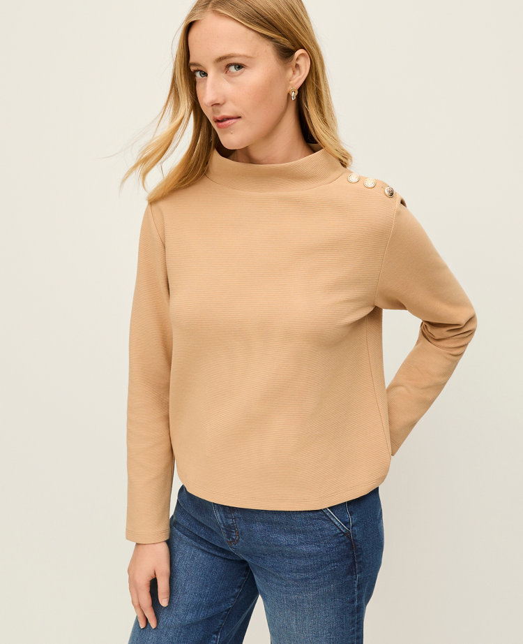 Ann Taylor Button Mock Neck Sweater In Brown