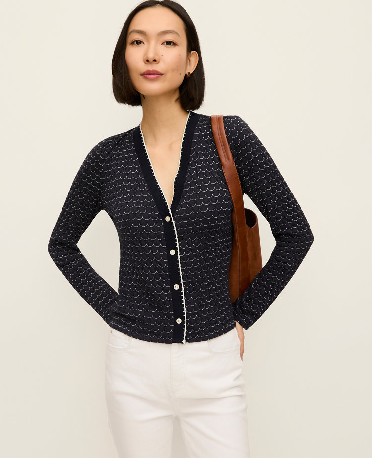 Ann Taylor Scalloped V-Neck Cardigan Navy/Ivory Combo Women's