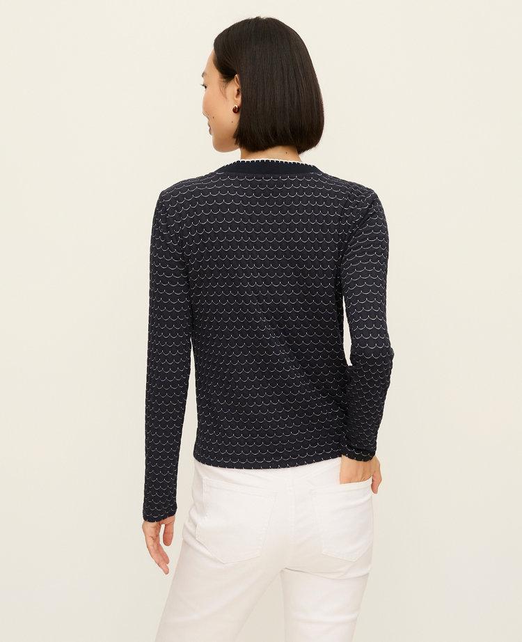 Ann Taylor Scalloped V-Neck Cardigan Navy/Ivory Combo Women's