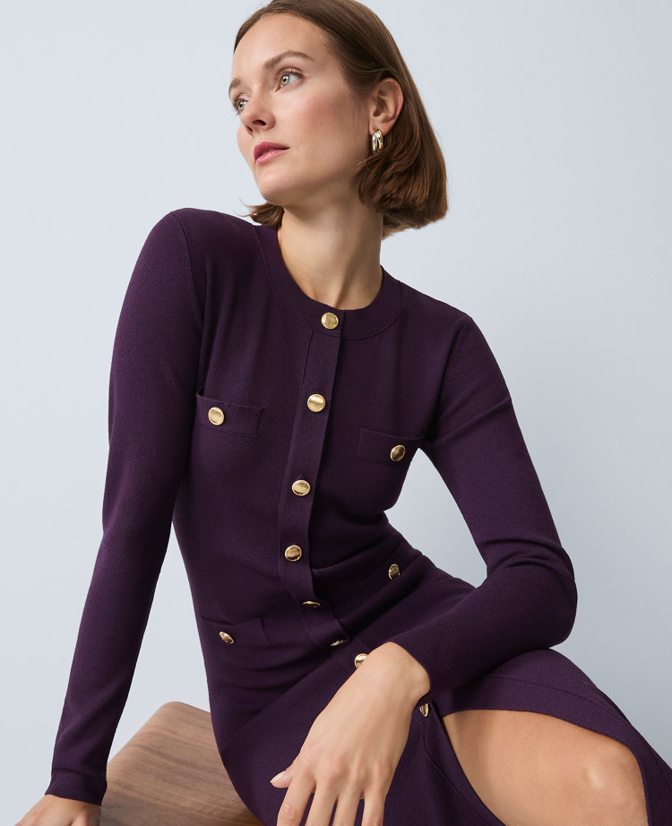 Ann Taylor Petite Crew Neck Button Sweater Dress Aubergine Dream Women's