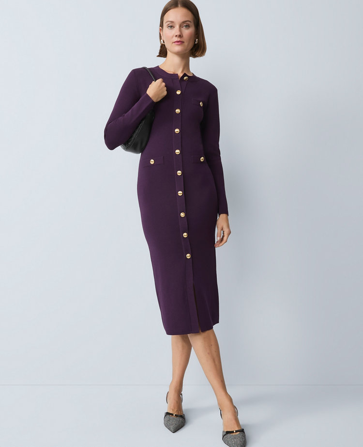 Petite Crew Neck Button Sweater Dress