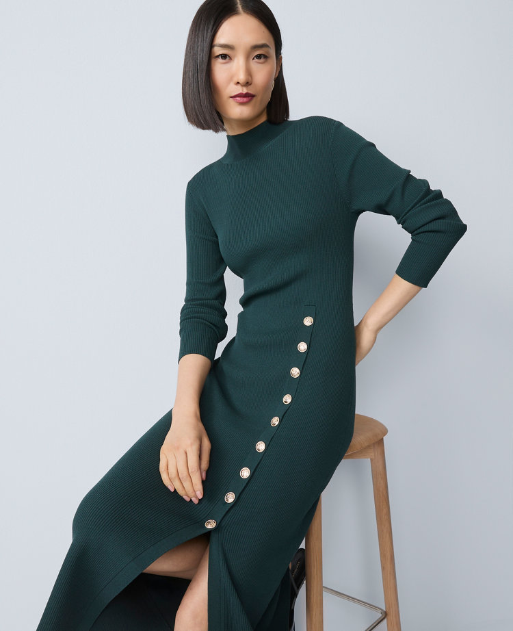 Petite Ribbed Button Sweater Dress