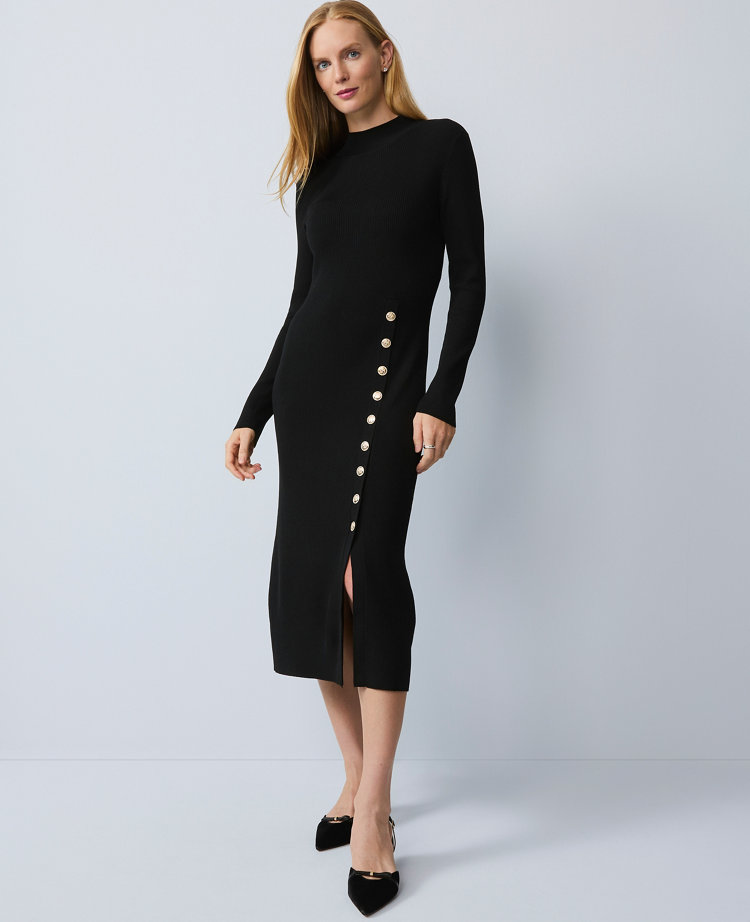 Petite Ribbed Button Sweater Dress