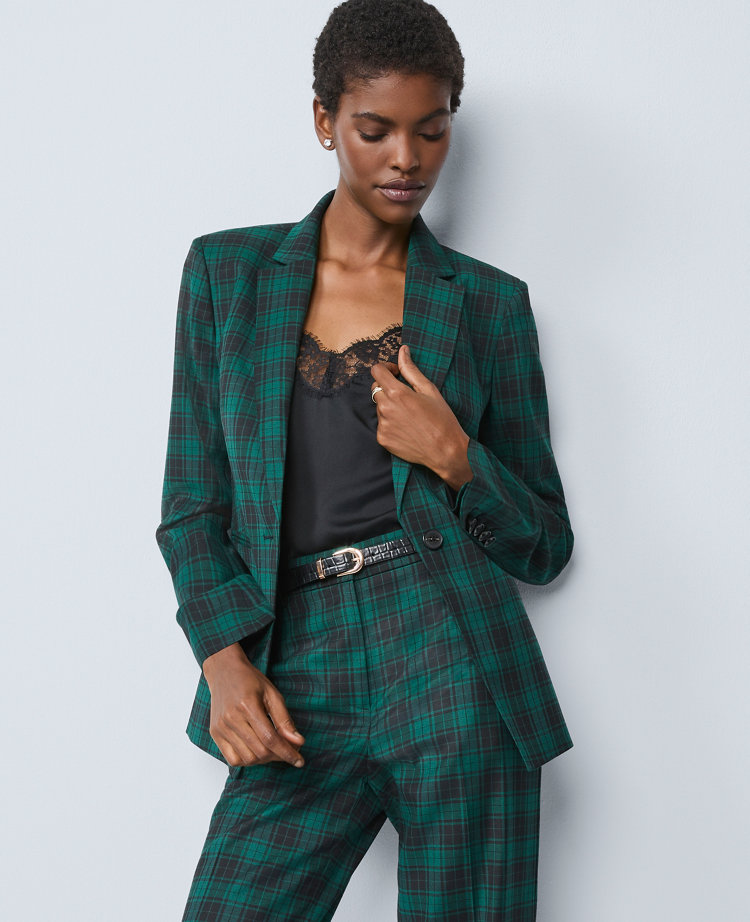The Notched One Button Blazer in Plaid
