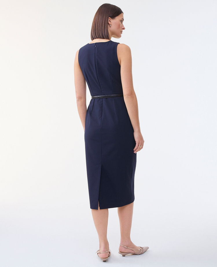 The Belted Crew Neck Sheath Dress in Seasonless Stretch