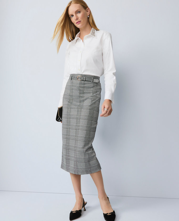 Ann Taylor Plaid Belted Midi Pencil Skirt In Multi