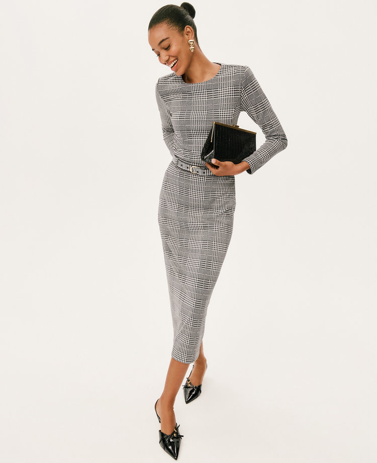 Plaid Belted Midi Pencil Skirt