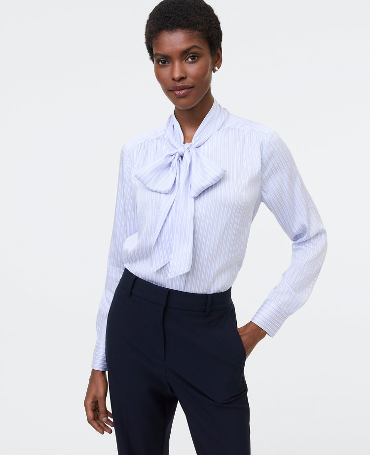 Ann Taylor Striped Bow Blouse Powdered Periwinkle Women's