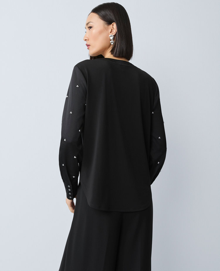 Petite Pearl Embellished Mixed Media Top