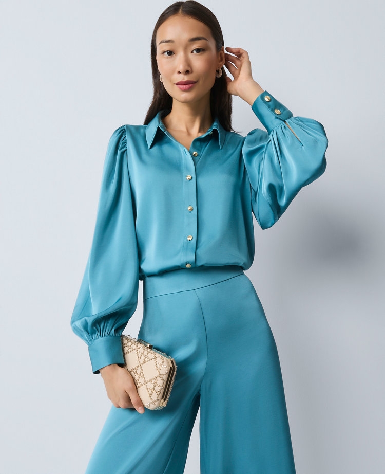 Ann Taylor Satin Blouson Sleeve Blouse In Blue
