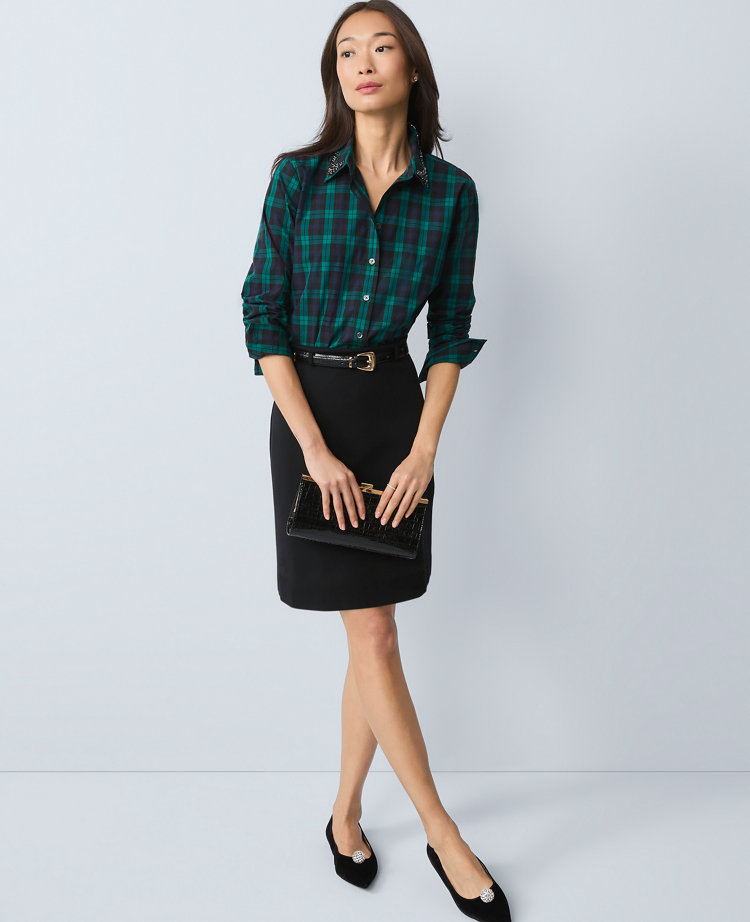 Ann Taylor Petite Embellished Plaid Perfect Shirt In Green