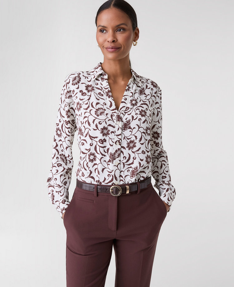 Ann Taylor Floral Satin Essential Shirt Winter Whtie Women's