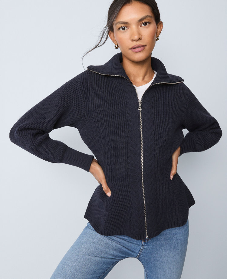 Ann Taylor Petite Weekend Collection Cable Sweater Jacket In Blue
