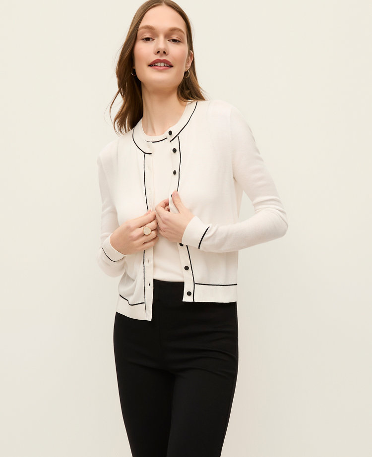 Petite Tipped Crew Neck Cardigan