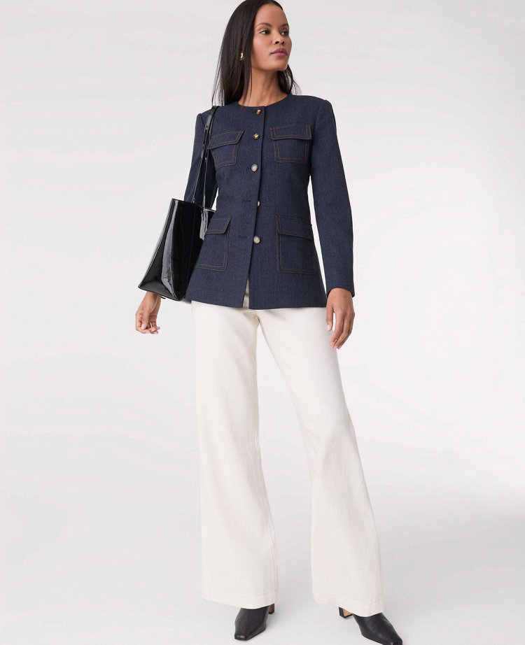 The Petite Long Crew Neck Jacket in Denim