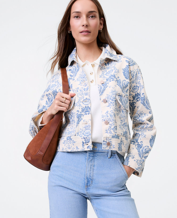 Ann Taylor Petite Weekend Collection Toile Denim Jacket Feather Women's