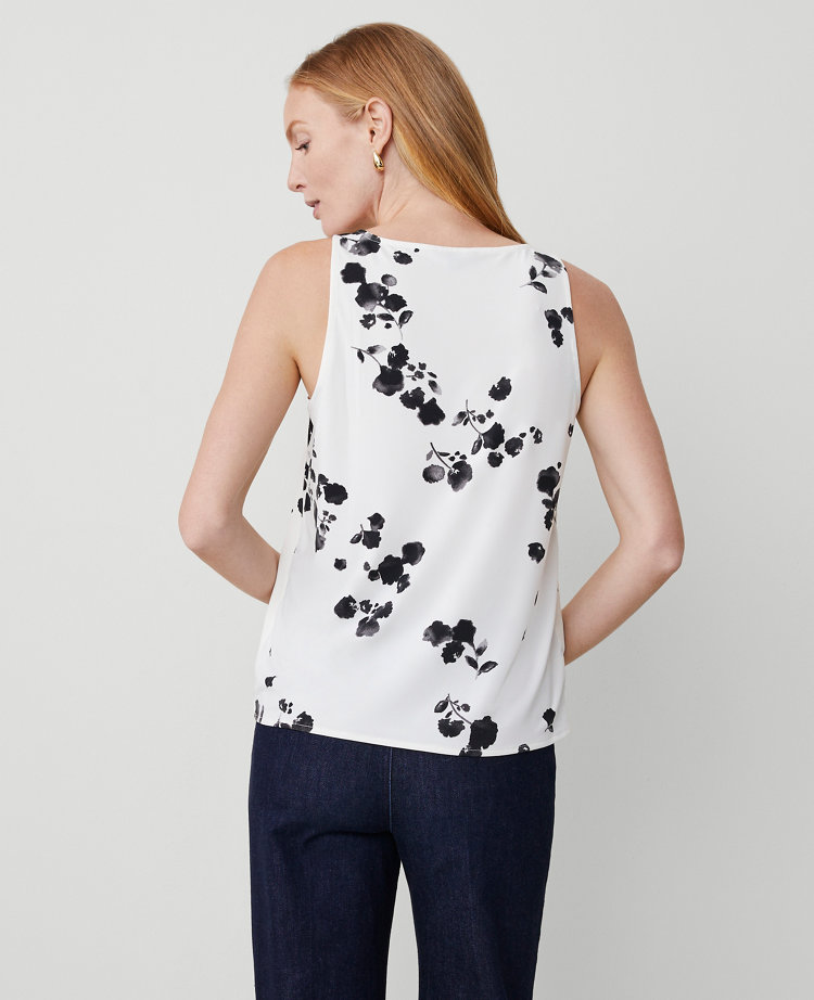 Ann Taylor Floral Mixed Media V-Neck Tank Top Winter White- Black Women's