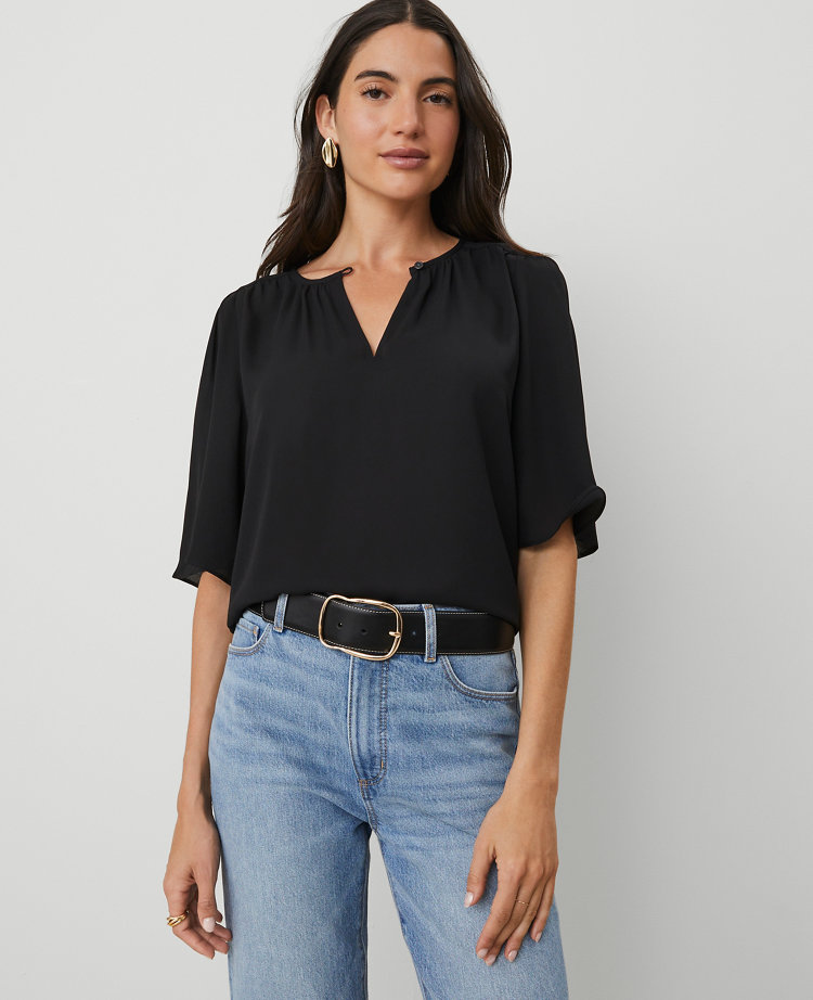 Ann Taylor Petite Draped Sleeve Blouse Black Women's