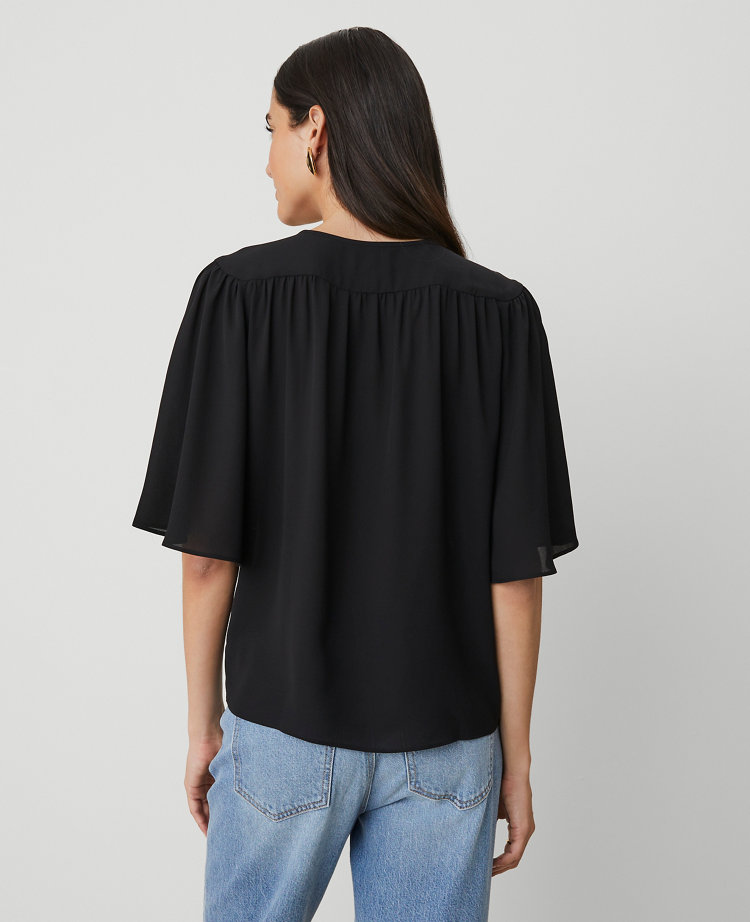 Ann Taylor Petite Draped Sleeve Blouse Black Women's