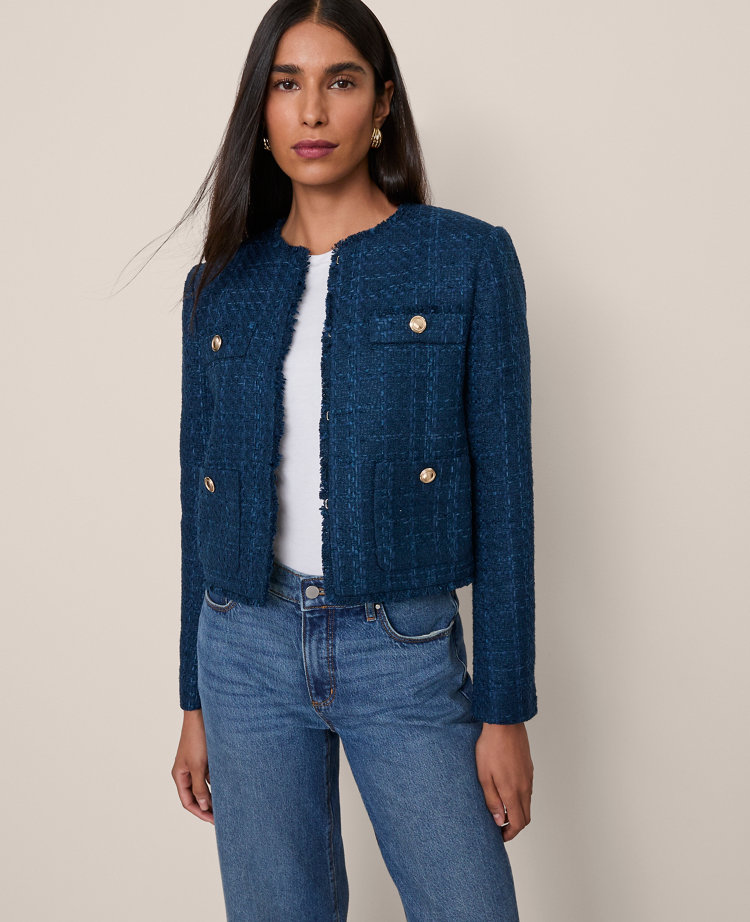 The Cropped Crew Neck Jacket in Tweed