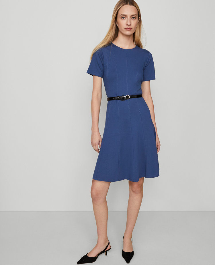 Ann Taylor Ponte Belted Flare Dress In Blue