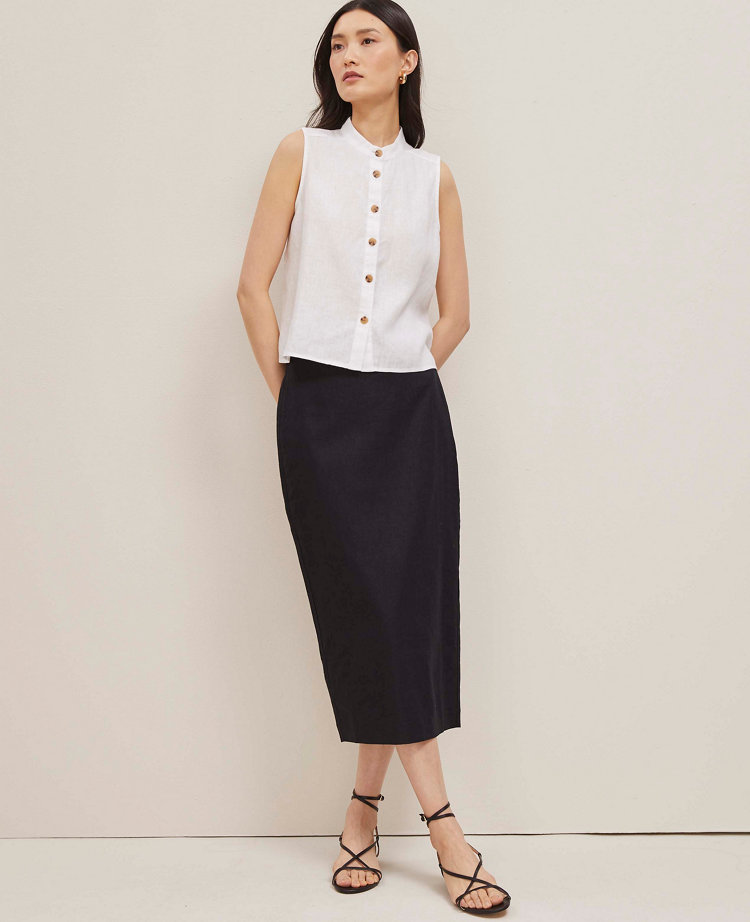 The Petite Clean Midi Skirt in Linen