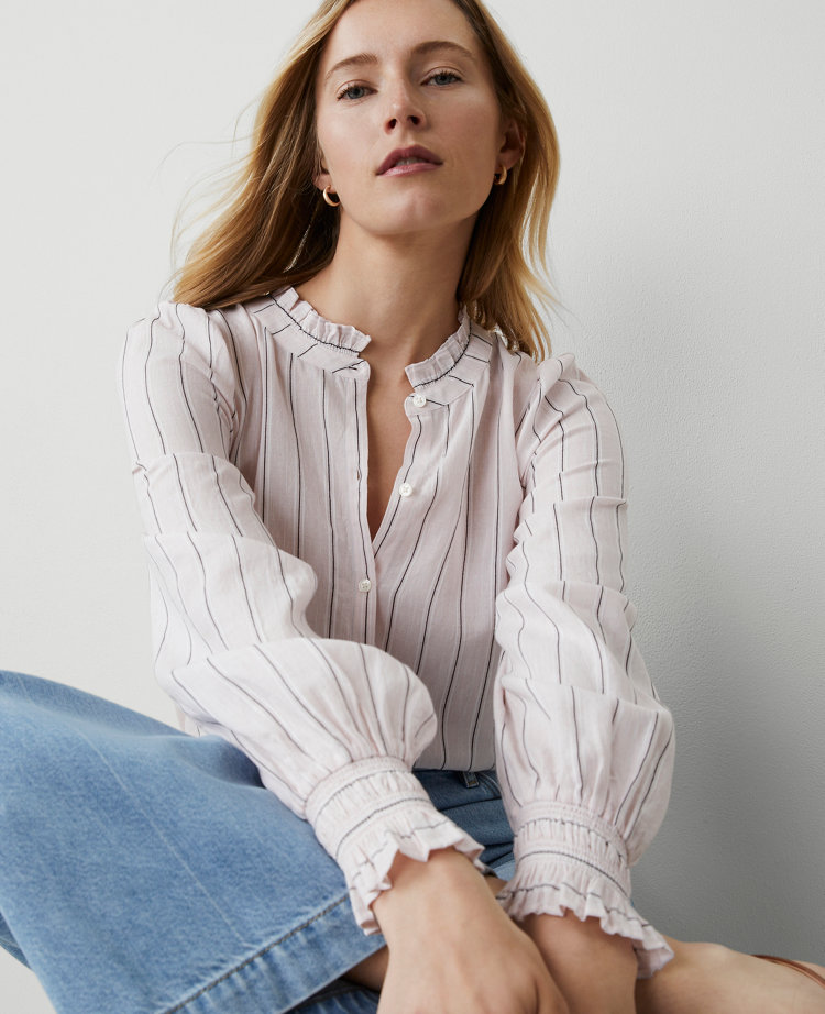 Petite Striped Cutout Smocked Cuff Blouse