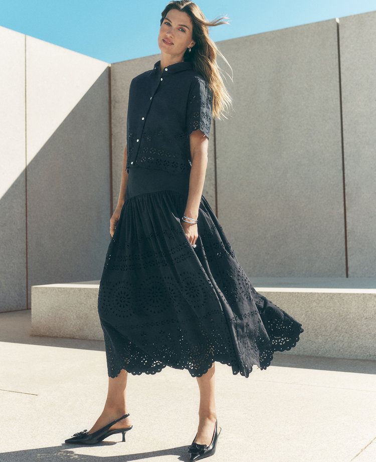 Petite Eyelet Yoke Midi Skirt