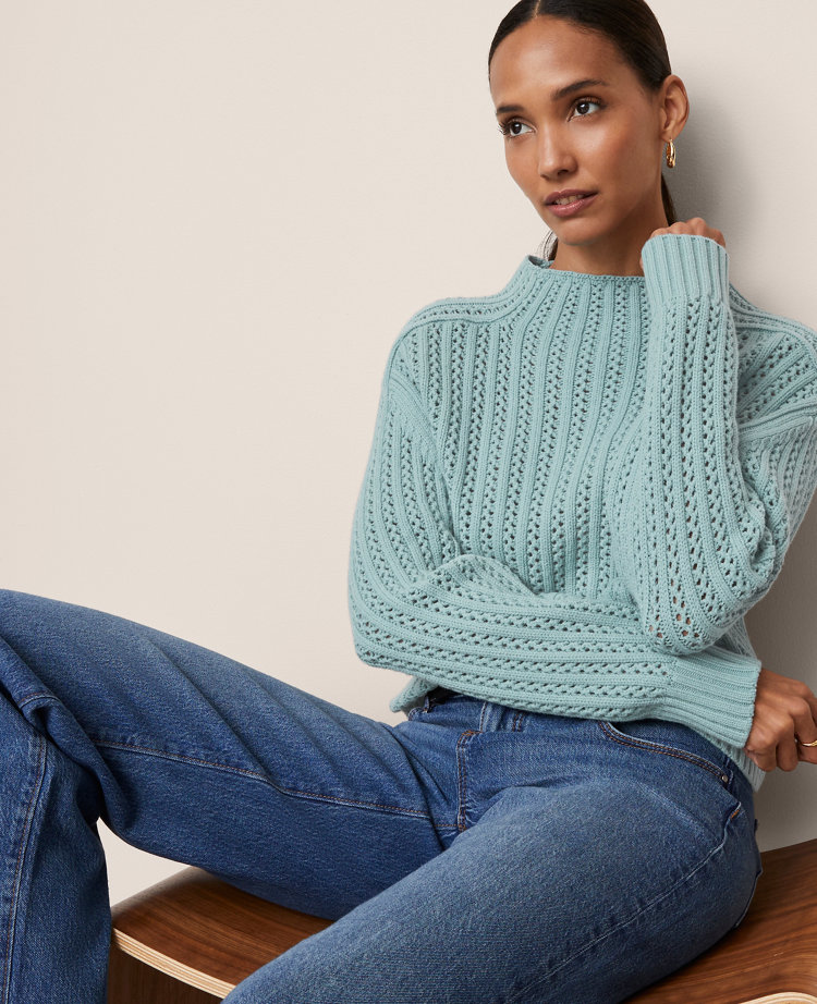 Ann Taylor Pointelle Mock Neck Sweater In Blue