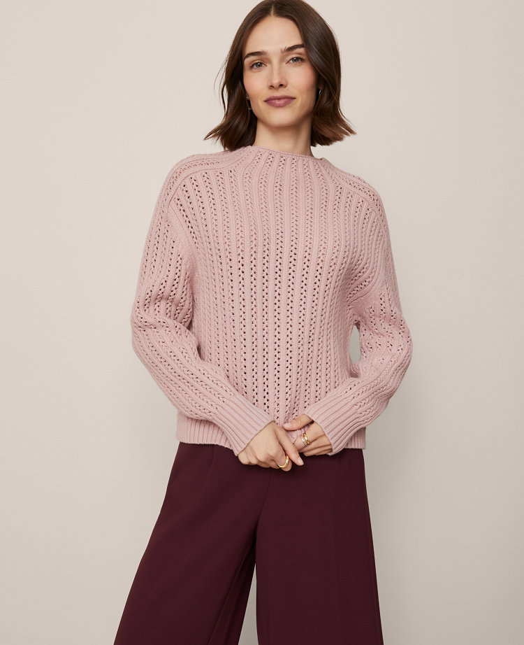 Ann Taylor Pointelle Mock Neck Sweater In Purple