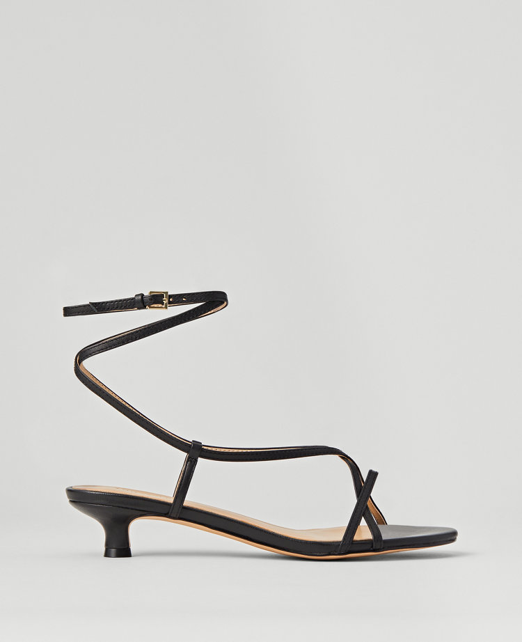 Leather Strappy Ankle Wrap Kitten Heel Sandals