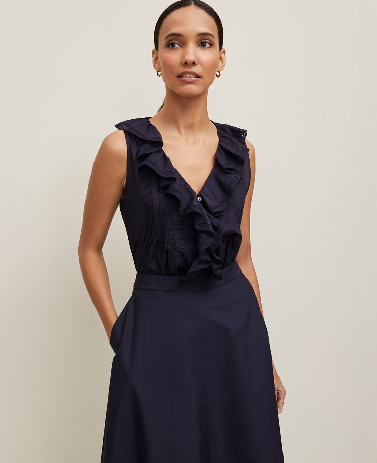 Pintucked Ruffle Sleeveless Top