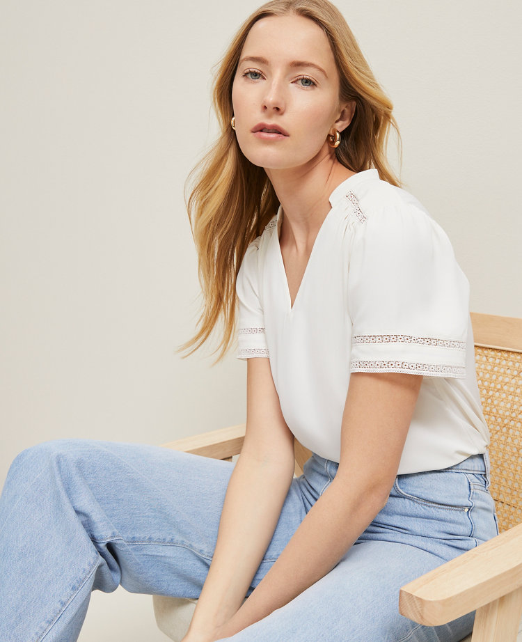 Petite Lace Trim Mixed Media Top