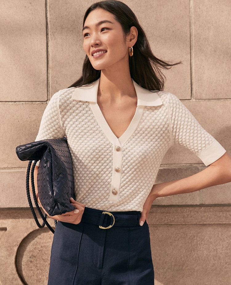 Petite Pointelle Polo Sweater