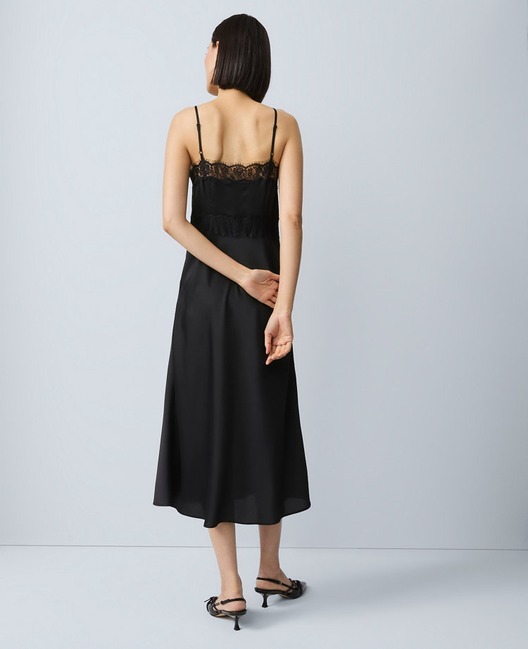 Lace Trim Satin Slip Midi Dress