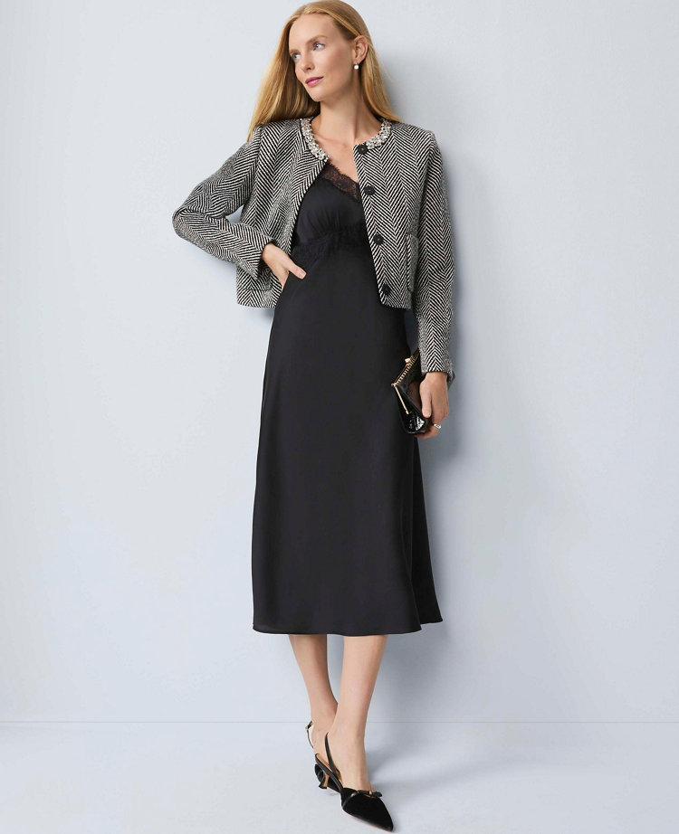Lace Trim Satin Slip Midi Dress