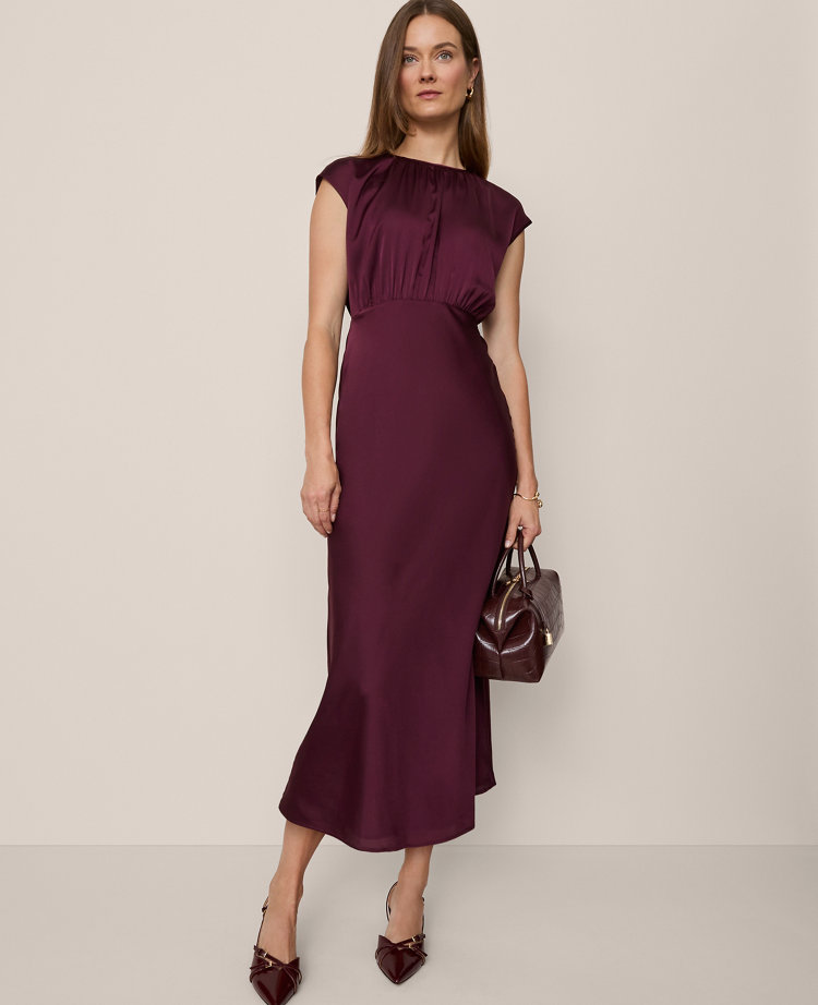 Gathered Satin Midi Dress